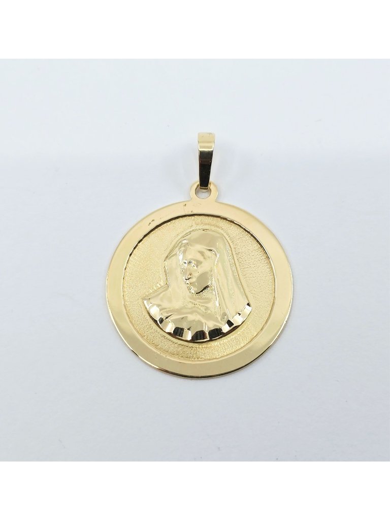 Unique 14k Solid Yellow Gold Designer Religious Round Saint Mary Charm Pendant